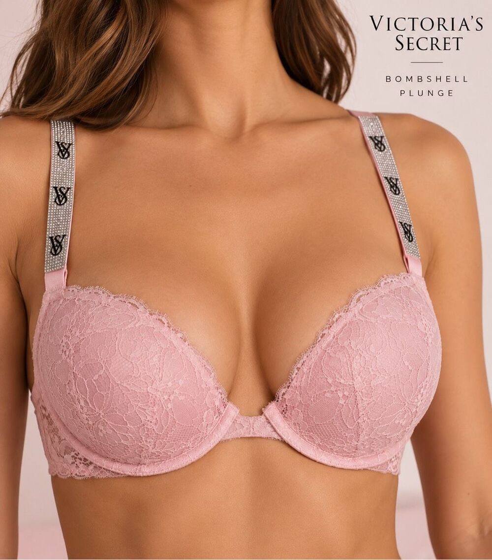 Victoria’s Secret Bombshell Plunge Bra 32C Pink Lace Rhinestone Logo